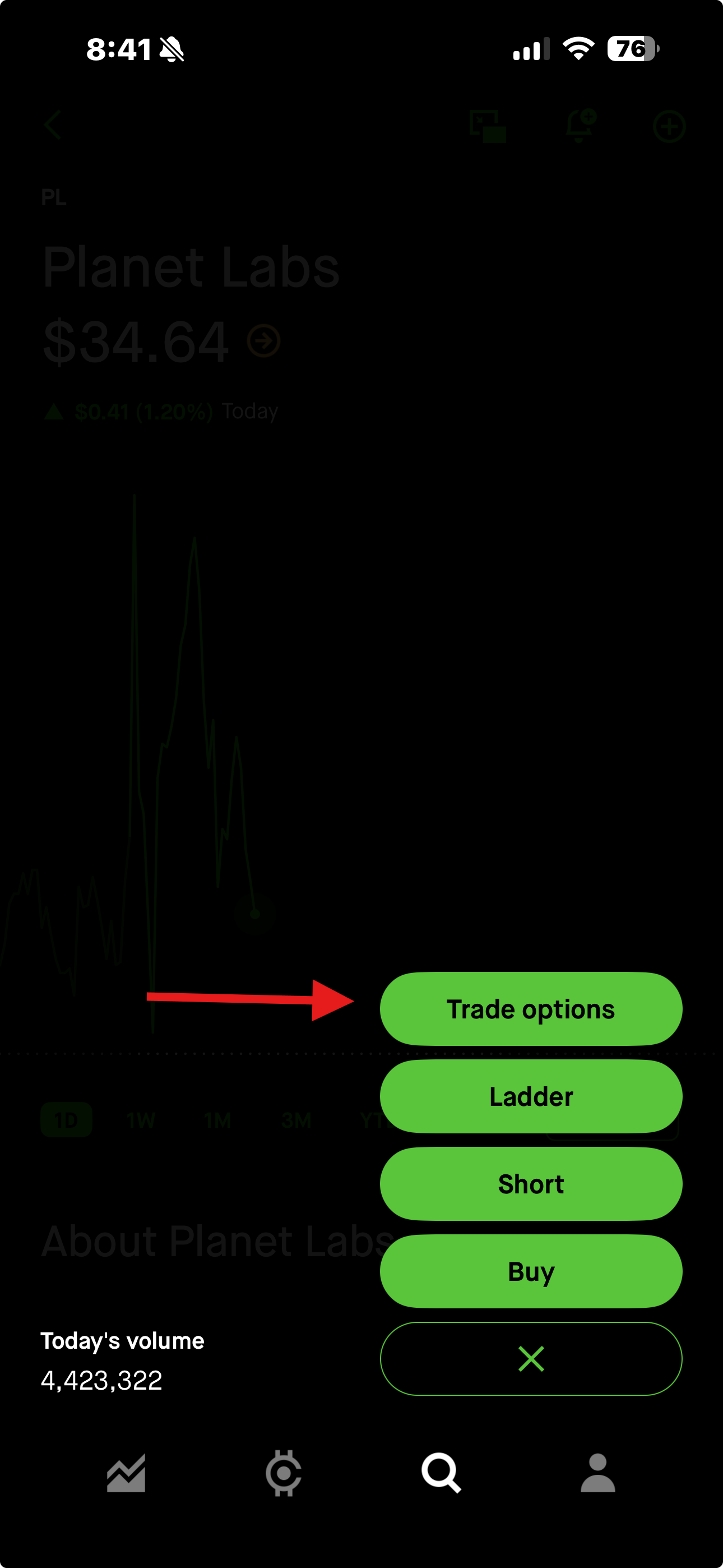 Captura del menú Trade options